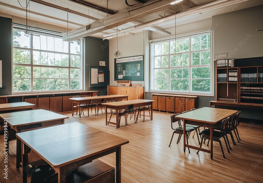 Classroom with Desks and Windows Classroom with Desks and Windows
