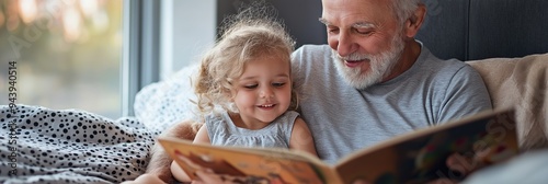 A man and a little girl are reading a book together. The scene is warm and cozy, and it seems like they are enjoying their time together