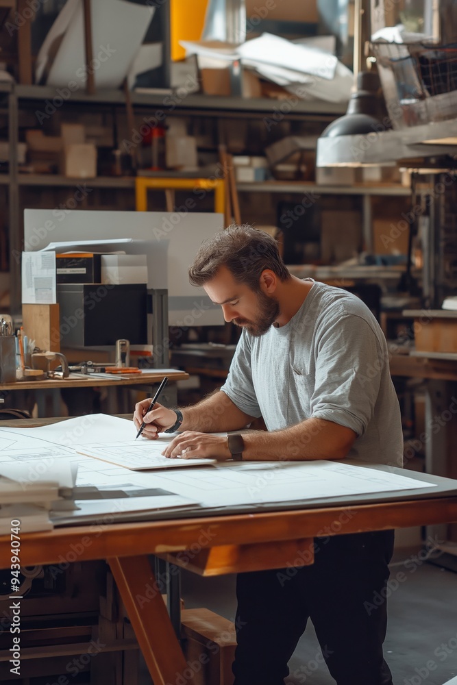 A man is sitting at a desk and writing on a piece of paper. He is wearing a gray shirt and black pants. Concept of focus and concentration as the man works on his writing A man is sitting at a desk and writing on a piece of paper. He is wearing a gray shirt and black pants. Concept of focus and concentration as the man works on his writing