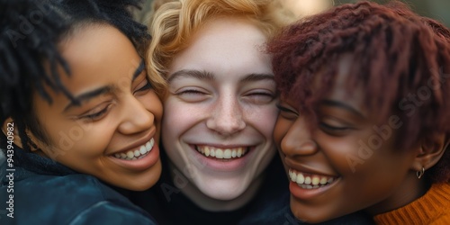 Three young people with curly hair are smiling and hugging each other. Scene is happy and friendly