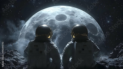 Two astronauts sit on the m...