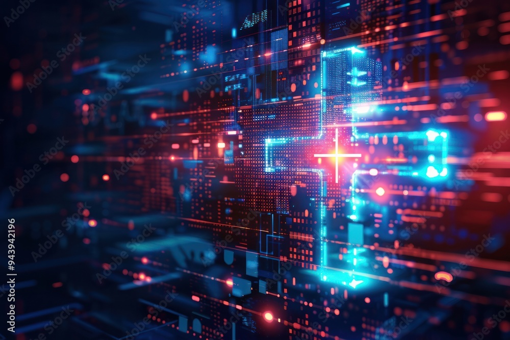 Fototapeta premium A computer screen with a red cross and blue and red lines