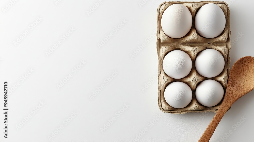 White Eggs in a Carton with a Wooden Spoon Minimalist Kitchen Still Life on a White Background White Eggs in a Carton with a Wooden Spoon Minimalist Kitchen Still Life on a White Background