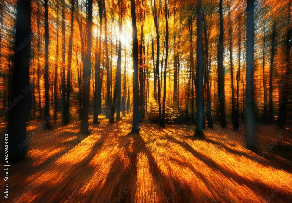 Fototapeta premium A beautiful autumn forest with trees in bright golden and orange colors, the sun shines through them. The light is blurred by motion, creating an impression of movement and energy