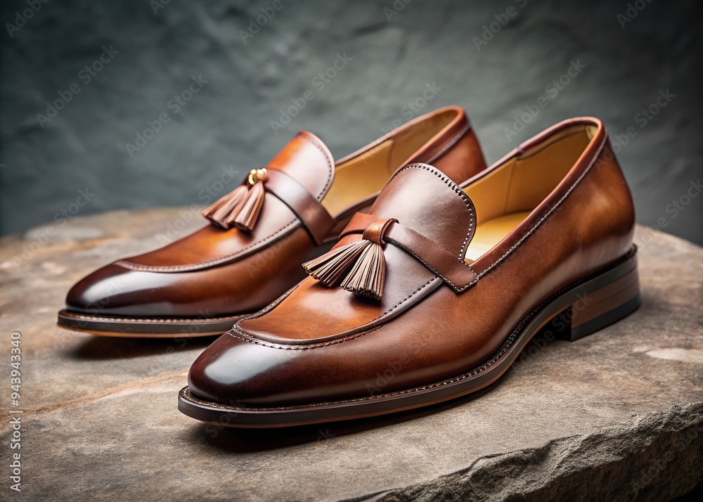 A luxurious brown leather loafer shoe with tassel detail and sleek design, resting on a smooth gray stone surface, evoking elegance and sophistication.