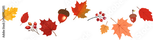 Autumn border with leaves ,mushrooms,acorns,berries. Wave of falling leaves. Leaf fall. Autumn flying leaves. Watercolor leaves in the wind. Autumn leaves seamless border.