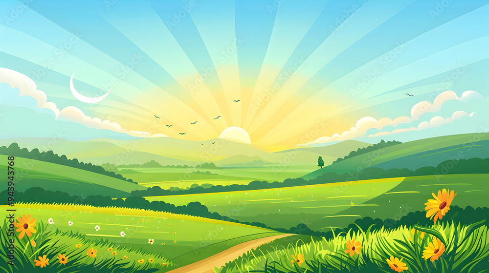 Obraz premium Vector illustration of beautiful summer fields landscape with a dawn, green hills, bright color blue sky, country background in flat cartoon