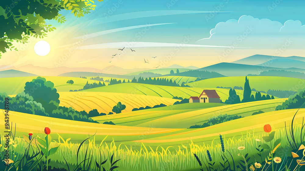 Vector illustration of beautiful summer fields landscape with a dawn, green hills, bright color blue sky, country background in flat cartoon Vector illustration of beautiful summer fields landscape with a dawn, green hills, bright color blue sky, country background in flat cartoon
