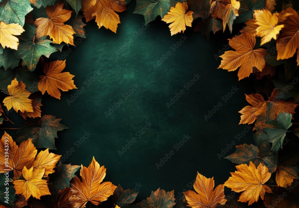 Autumn background with golden leaves framed on a dark green background. Autumn leaves frame the border. Top view, copy space concept. Autumn background with golden leaves framed on a dark green background. Autumn leaves frame the border. Top view, copy space concept.