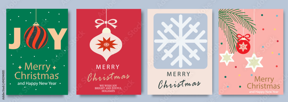 Fototapeta premium Merry Christmas Greeting card set. Modern art Xmas design with featuring ornaments, snowflakes, festive holiday designs and typography. Trendy template for season banner, poster, cover