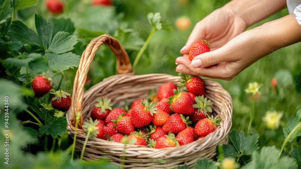 Close-up of ripe strawberries being carefully picked and placed in a basket Close-up of ripe strawberries being carefully picked and placed in a basket