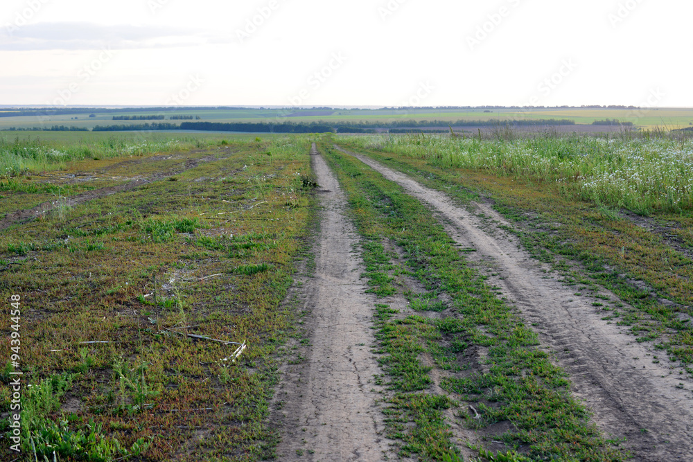 a dirt road and a plowed field with a tractor on the background a dirt road and a plowed field with a tractor on the background