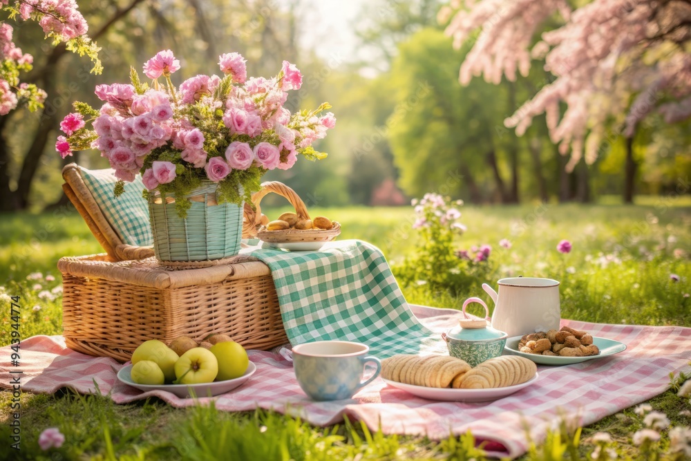 Pastel Picnic Luncheon: Soft hues, floral prints, picnic basket, checkered blanket, springtime setting Pastel Picnic Luncheon: Soft hues, floral prints, picnic basket, checkered blanket, springtime setting