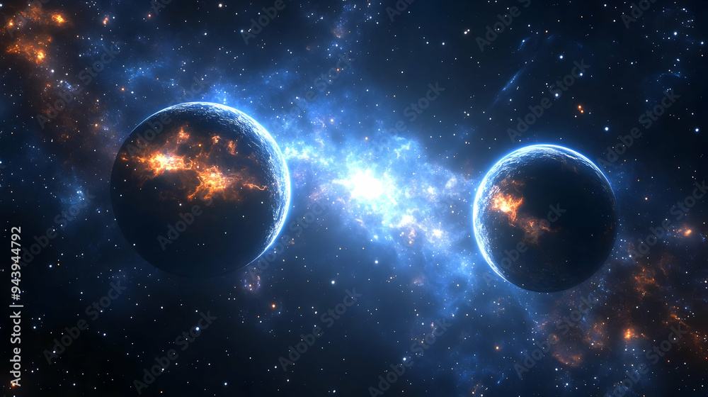 Two planets in a cosmic collision, emitting bright light and heat. Two planets in a cosmic collision, emitting bright light and heat.