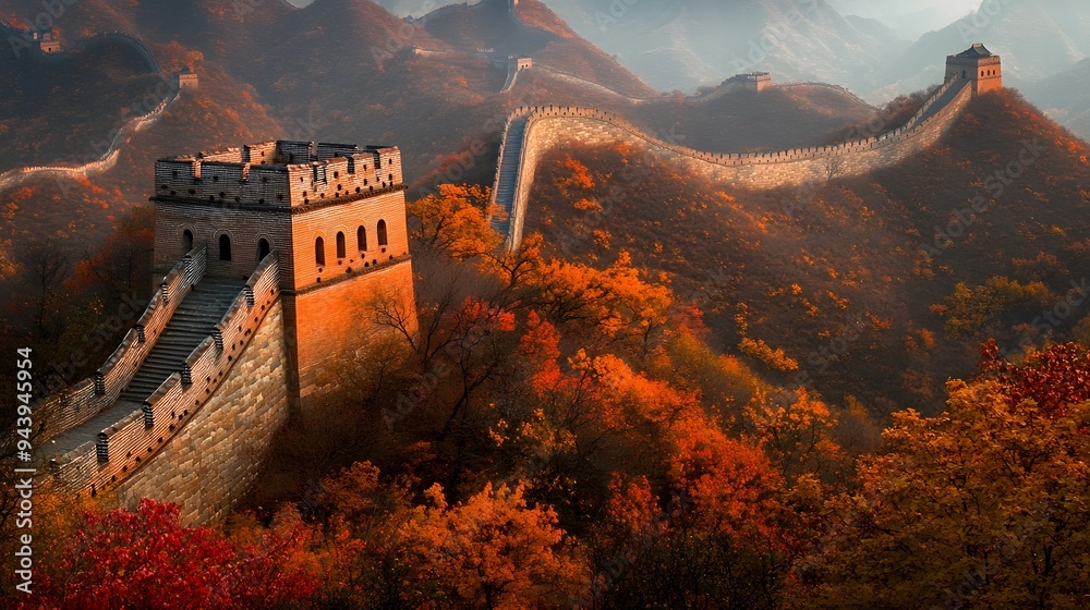 Great Wall in Autumn: Landscape view of the Great Wall of China surrounded by vibrant autumn foliage, with the wall stretching endlessly across the hills.
Great Wall in Autumn: Landscape view of the Great Wall of China surrounded by vibrant autumn foliage, with the wall stretching endlessly across the hills.