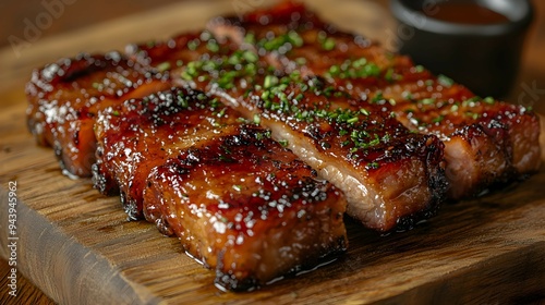 Glazed Pork Belly Slices with Green Onion Garnish on Wooden Cutting Board