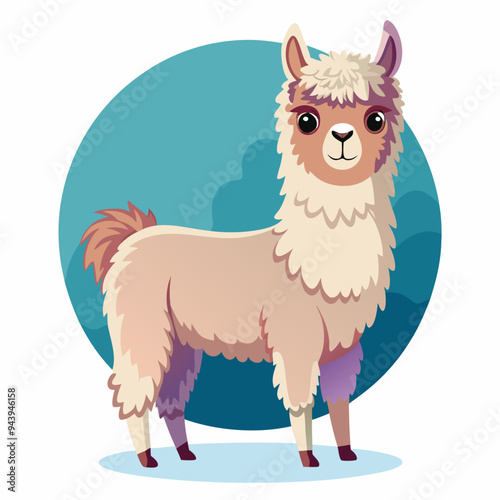 Cute Cartoon Llama with Fluffy Fur Standing on Blue Circle Background