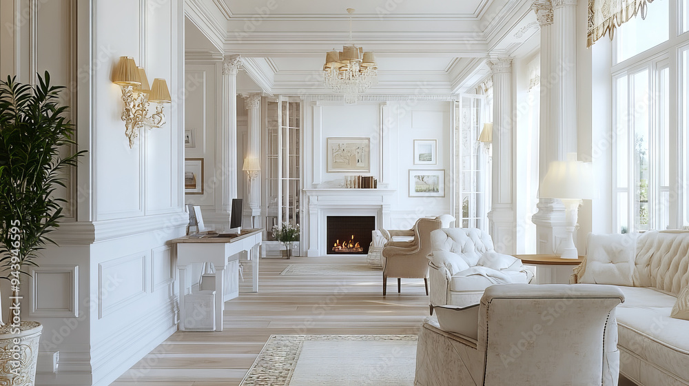 Stylish, cozy, and bright luxurious interior of a spacious country house featuring white walls with ornaments, a fireplace, a work area, and a recreation area, all without people during the day. Stylish, cozy, and bright luxurious interior of a spacious country house featuring white walls with ornaments, a fireplace, a work area, and a recreation area, all without people during the day.