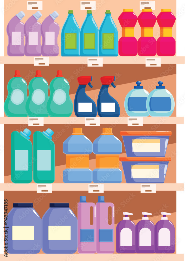 Obraz premium Supermarket aisle is fully stocked and waiting for customers to purchase the cleaning products on display