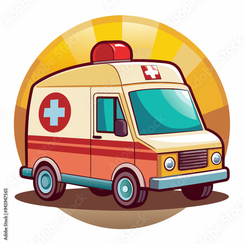 Cartoon Illustration of a White and Red Ambulance