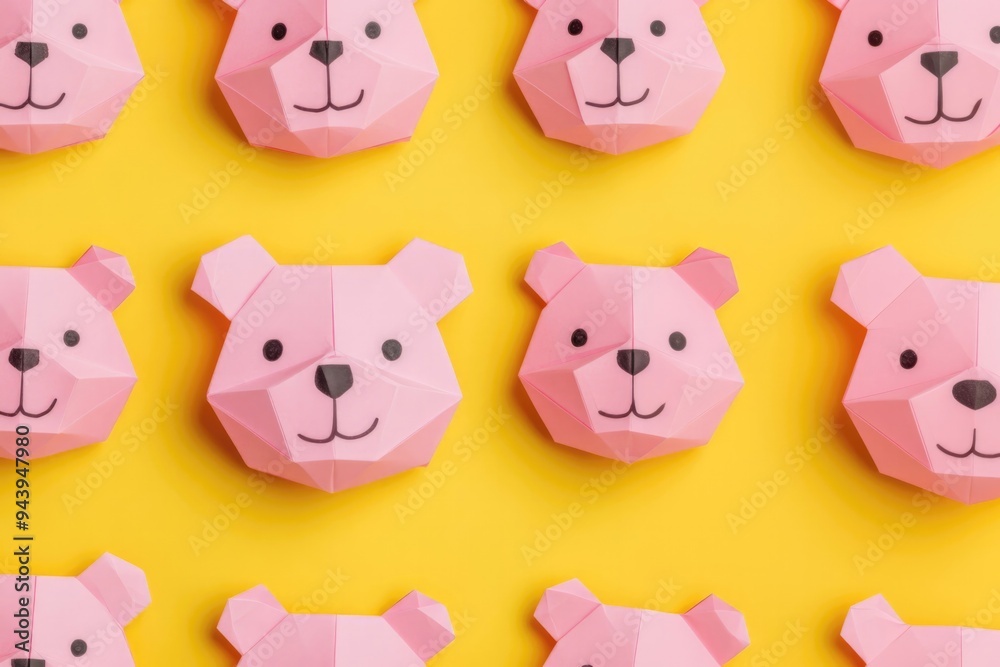 A row of pink paper bears with yellow backgrounds