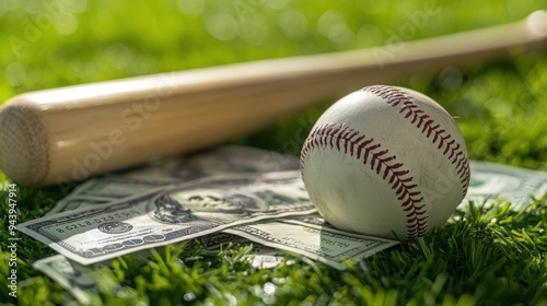 Baseball ball, bat and dollar banknotes on green grass, closeup photo