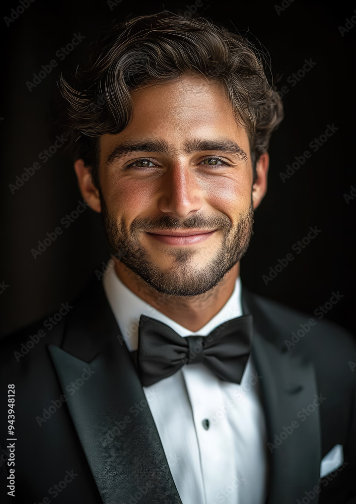 young attractive handsome smiling man in tuxedo with bow tie on black background, rich person, guy portrait, evening outfit, festive wear, model, male, signor, dandy, tailcoat, jacket, fashion, style