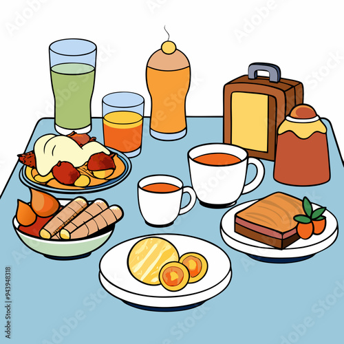 breakfast buffet full english and continental large selection of brunch and breakfast food on the table with egg bacon toast orange juice croissant coffee fruits and nuts
