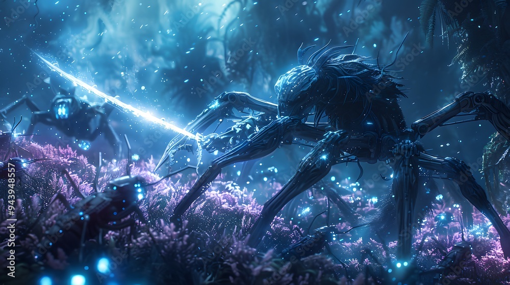 Cybernetic Spider Warrior in a Glowing Forest. Cybernetic Spider Warrior in a Glowing Forest.