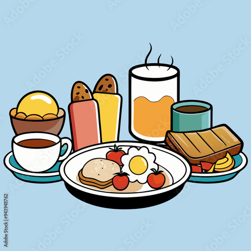 breakfast buffet full english and continental large selection of brunch and breakfast food on the table with egg bacon toast orange juice croissant coffee fruits and nuts