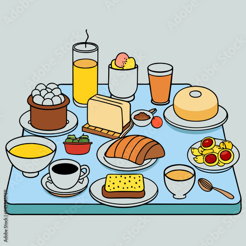 breakfast buffet full english and continental large selection of brunch and breakfast food on the table with egg bacon toast orange juice croissant coffee fruits and nuts