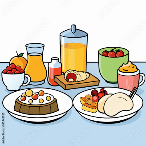 breakfast buffet full english and continental large selection of brunch and breakfast food on the table with egg bacon toast orange juice croissant coffee fruits and nuts