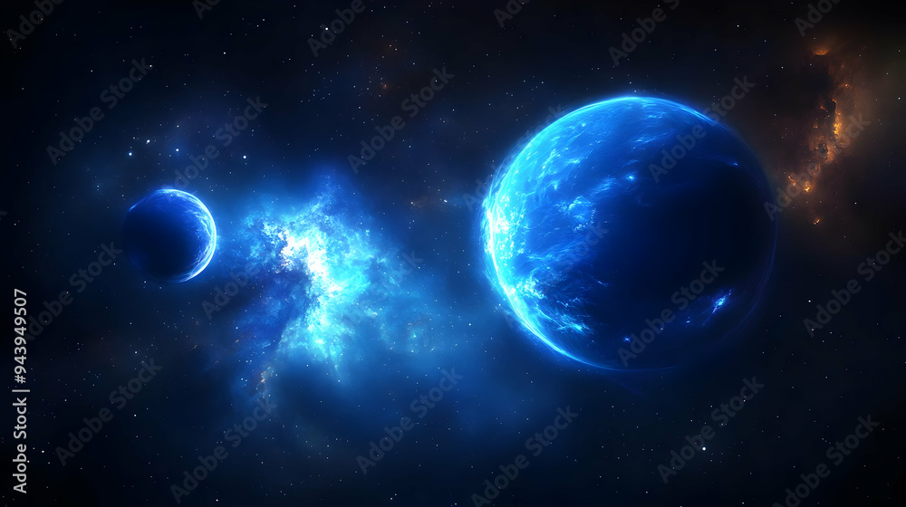 Fototapeta premium Two planets with a nebula in a dark space with stars.