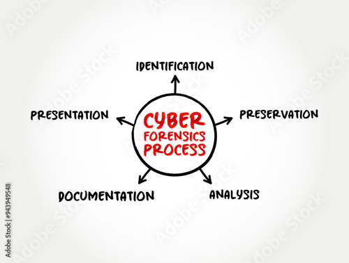 Stages of the cyber forensics process - sub-branch of digital forensics relating to the monitoring and analysis of computer network traffic, mind map text concept background 