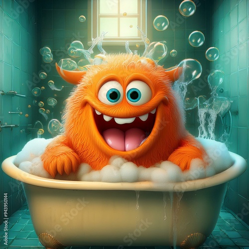 A grinning orange bubblegum monster bathes in a bathtub with soap bubbles and foam