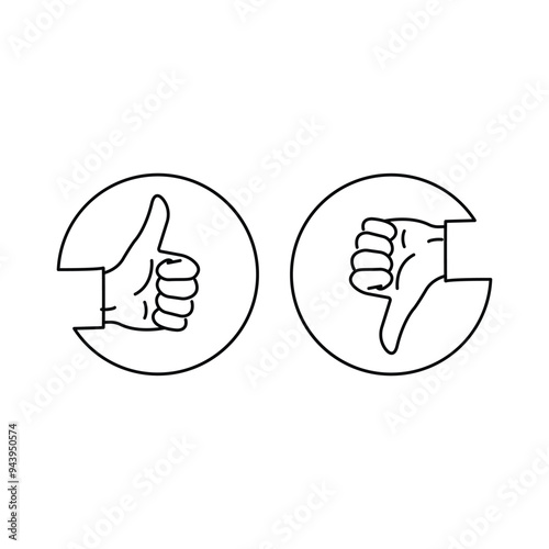 black round thin line thumbs up and down. concept of survey arm gesture like live or die and correct or incorrect people responsiveness. linear modern ui