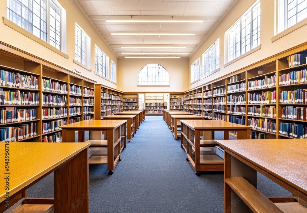 Spacious Library Interior with Bookshelves and Tables Spacious Library Interior with Bookshelves and Tables