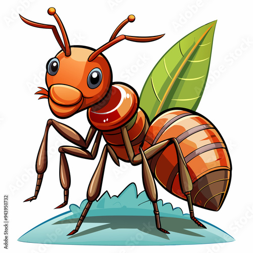 Cartoon Red Ant Standing on a Leaf with Its Legs Spread Out