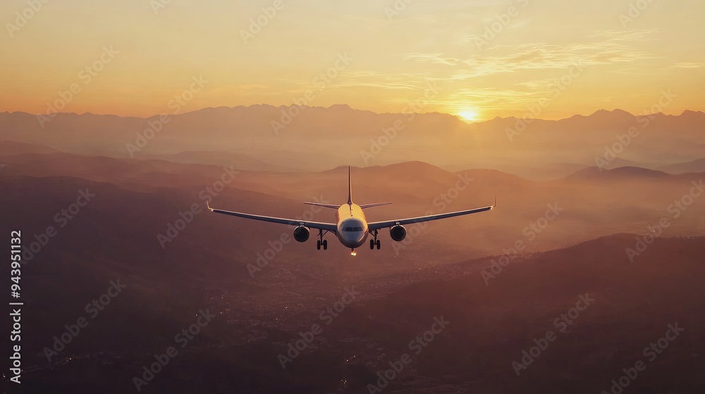Plane is flying in colorful sky at sunset. Landscape with passenger airplane over mountains ranges and hills in fog, orange sky. Aircraft is landing. Business. Aerial view. Transport. Private Jet Plane is flying in colorful sky at sunset. Landscape with passenger airplane over mountains ranges and hills in fog, orange sky. Aircraft is landing. Business. Aerial view. Transport. Private Jet