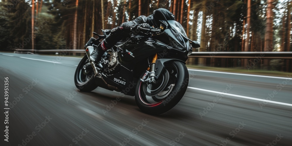 High-speed black Ducati motorcycle racing through forest road with blurred motion effects High-speed black Ducati motorcycle racing through forest road with blurred motion effects