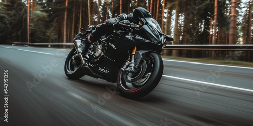 High-speed black Ducati motorcycle racing through forest road with blurred motion effects photo