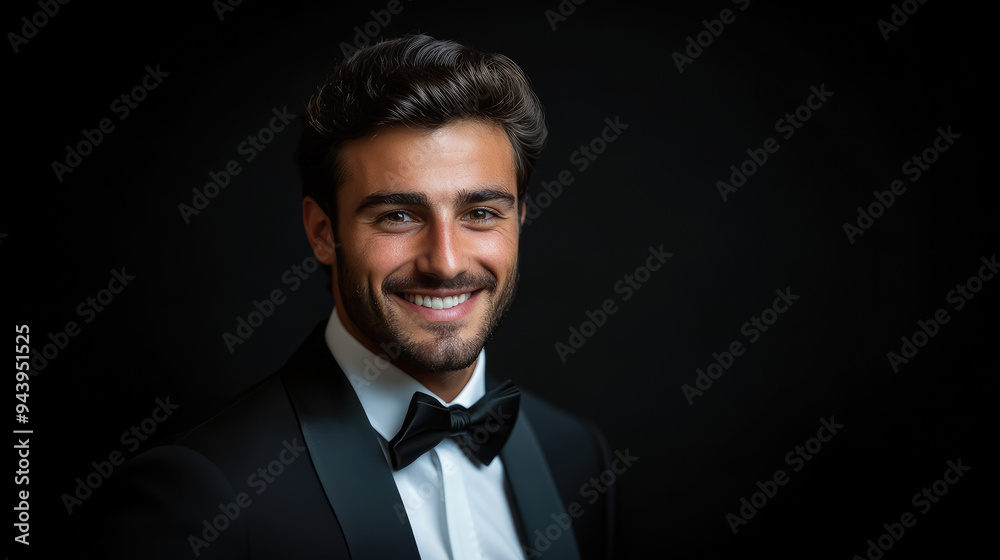 young attractive handsome smiling man in tuxedo with bow tie on black background, rich person, guy portrait, evening outfit, festive wear, model, male, signor, dandy, tailcoat, jacket, fashion, style