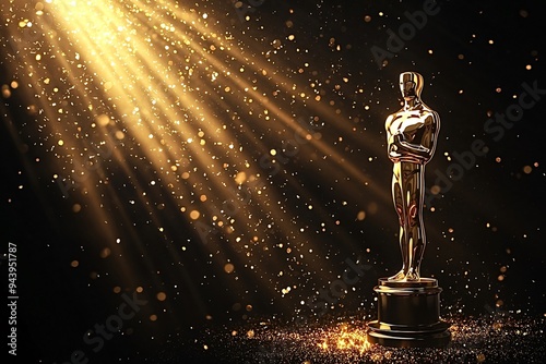 Golden award statue standing on stage with falling confetti and spotlights photo