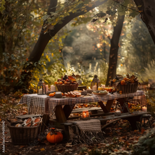 Autumn picnic setup with candles and harvest fruits