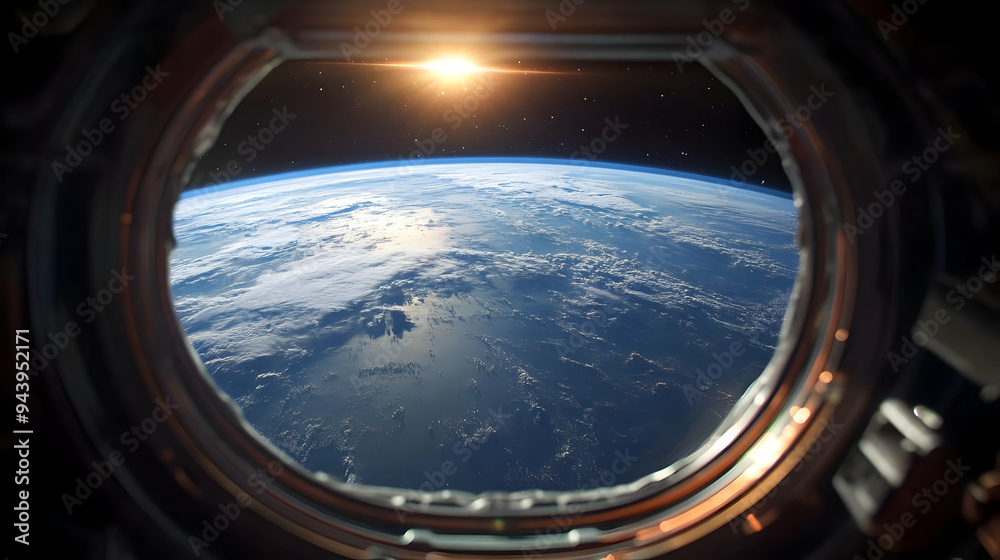 View of Earth from a spacecraft window with the sun shining through the clouds. View of Earth from a spacecraft window with the sun shining through the clouds.