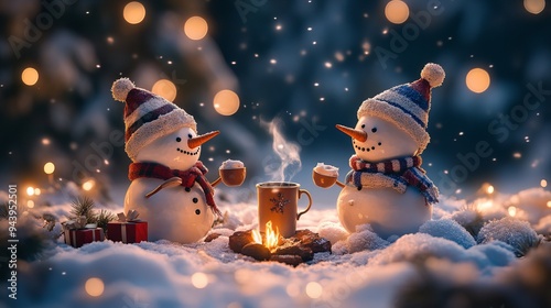 Two cheerful snowmen enjoying hot cocoa by a cozy fire in winter’s snow