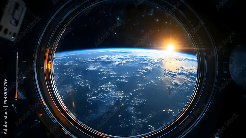 View of Earth from a spaceship window with sunrise and stars. View of Earth from a spaceship window with sunrise and stars.