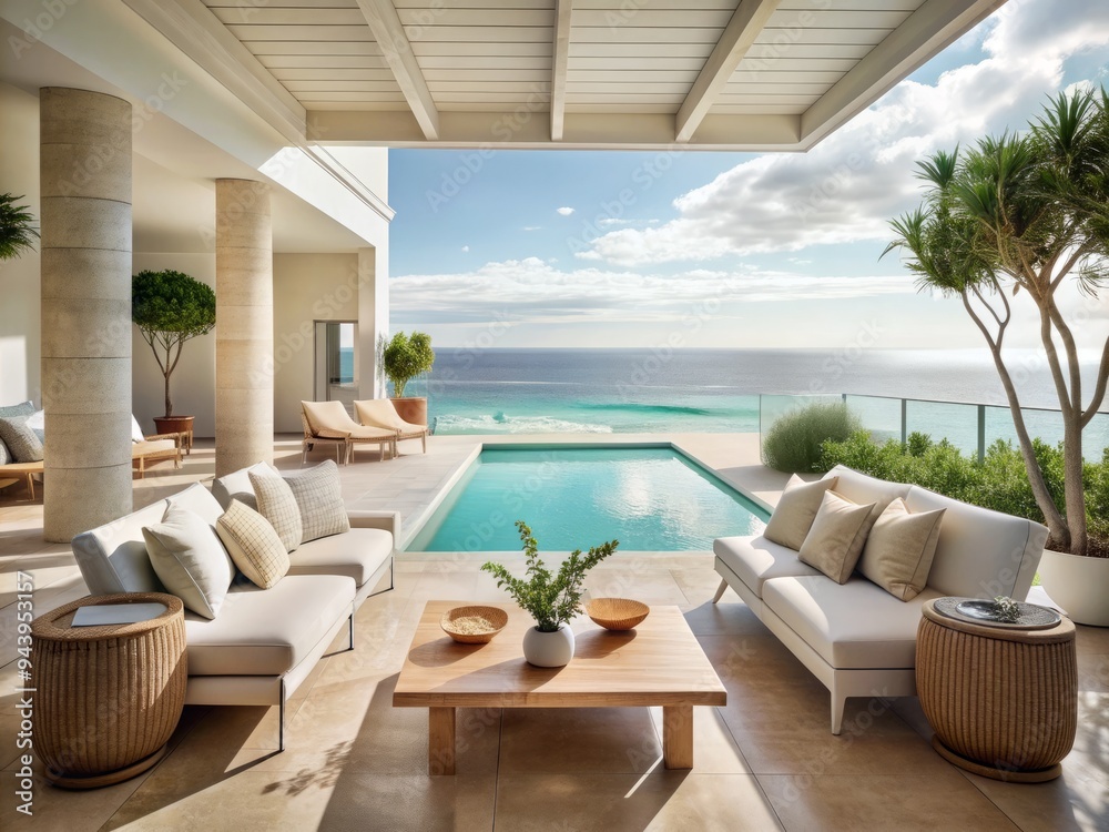 Serene Coastal Escape: Coastal poolside with soft beige tones, whitewashed walls, and a view of the ocean, creating a calming and ethereal atmosphere.