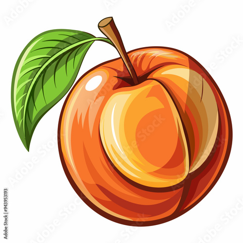 A Single Ripe Peach with a Green Leaf and Stem