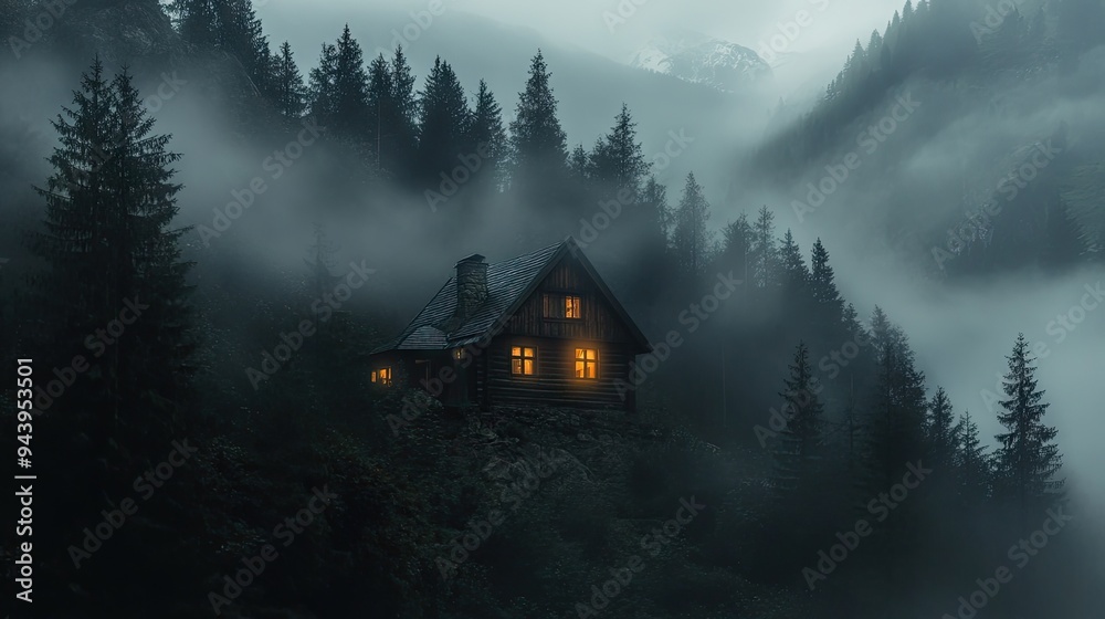 Warm lights from a wooden house in a dense forest, with the foggy mountains forming a misty backdrop. Warm lights from a wooden house in a dense forest, with the foggy mountains forming a misty backdrop.
